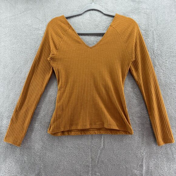 Maeve by Anthropologie Top Women S Mustard Rib Knit Surplice V-Neck Long Sleeve - Picture 5 of 13